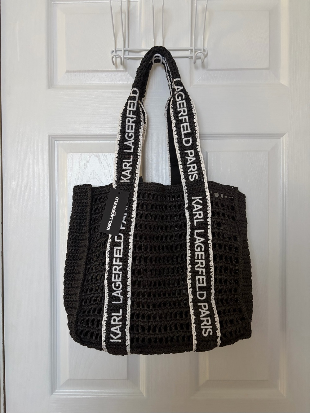 NEW Karl Lagerfeld Black Antibes Straw Tote Bag with Branded Straps
